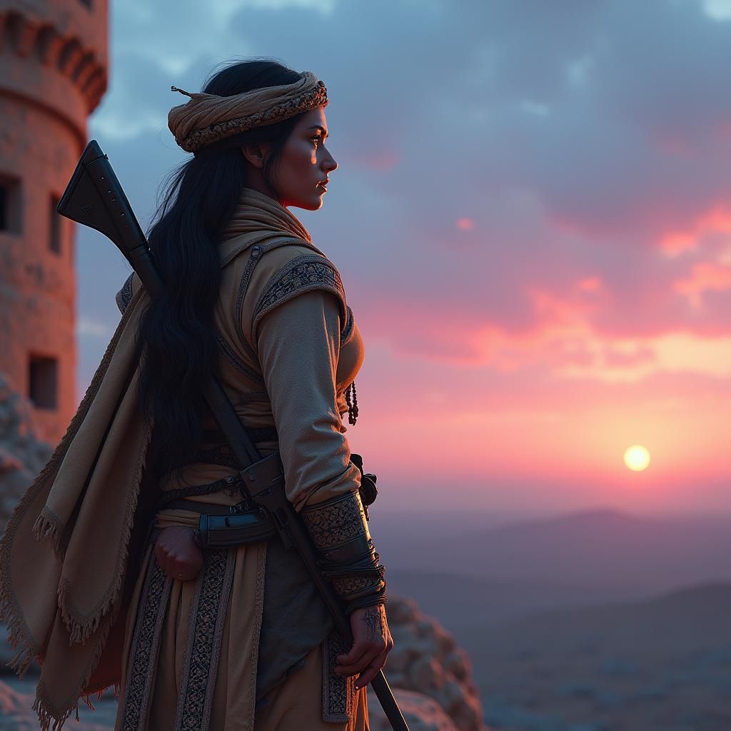 Pashtun Warrior Woman Gazing at Dawn Horizon