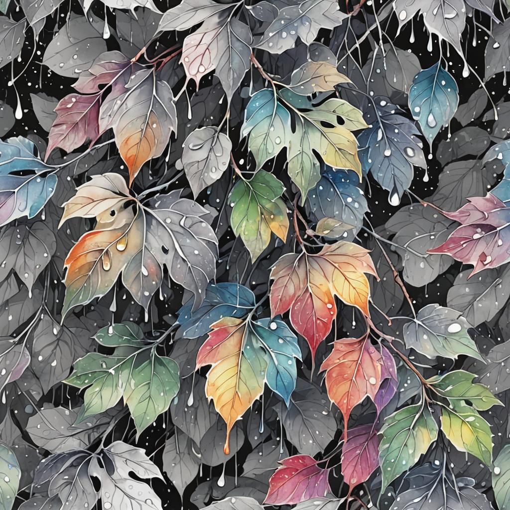 Rainbow Dewdrops on Grayscale Leaves: Manga Watercolour