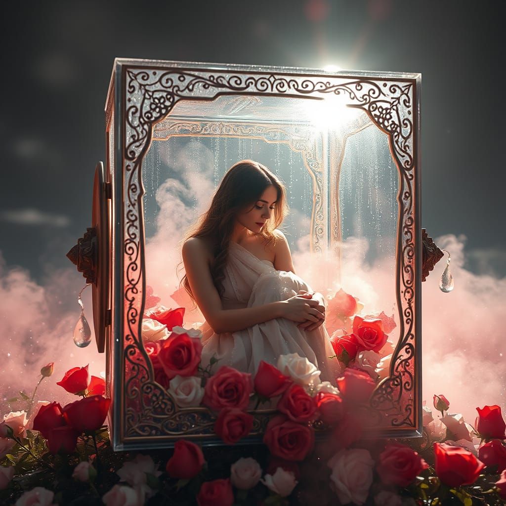 Woman in Filigree Cube with Roses: Hyperrealism