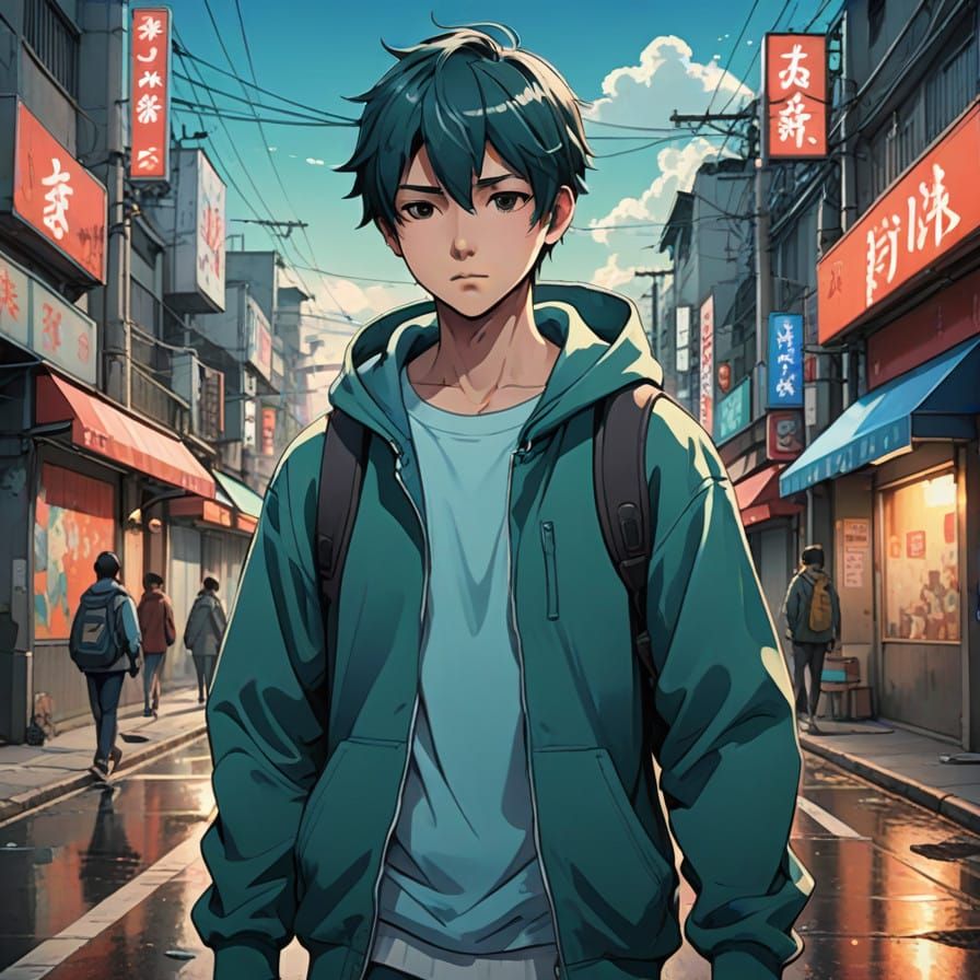 Anime-Inspired Boy Walks Down City Street