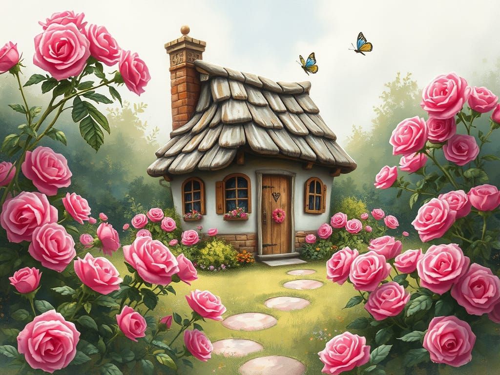 Whimsical Cottage in a Vibrant Pink Rose Garden