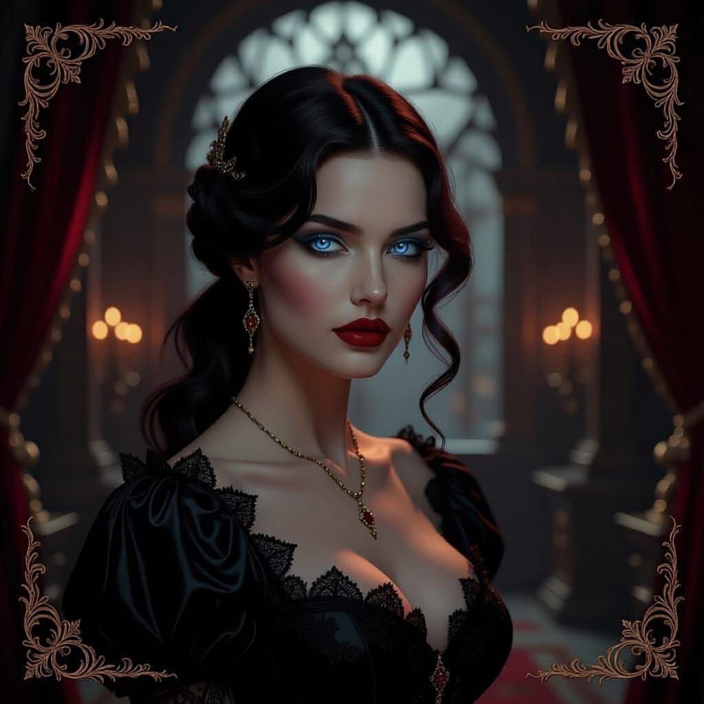 Darkly Alluring Woman in Opulent Chamber, Photorealistic
