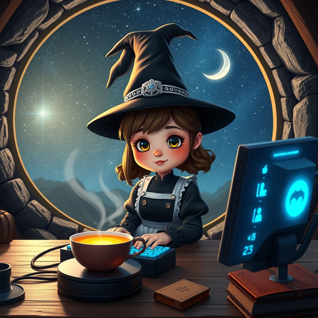 Witch Girl Coding in Cozy Room, Digital Art