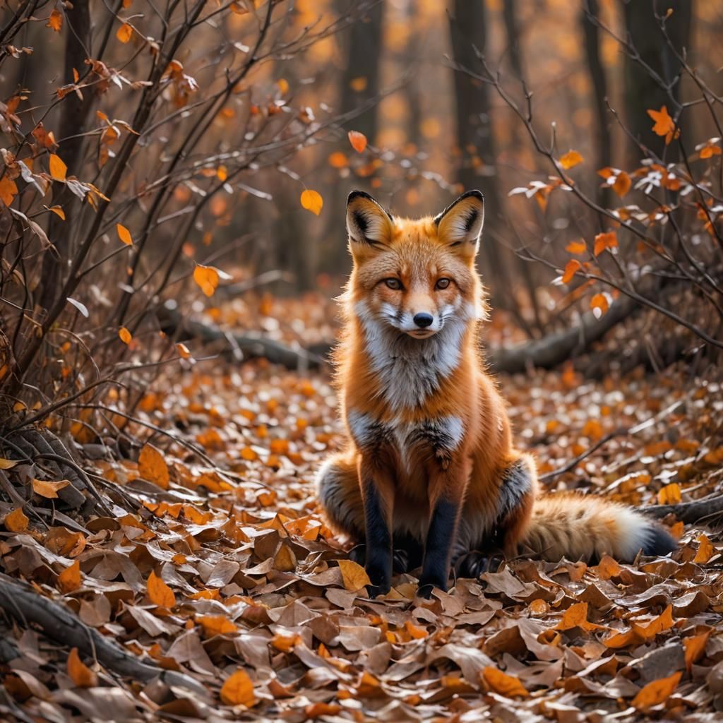 Red Fox in Autumn Landscape Macro Photography
