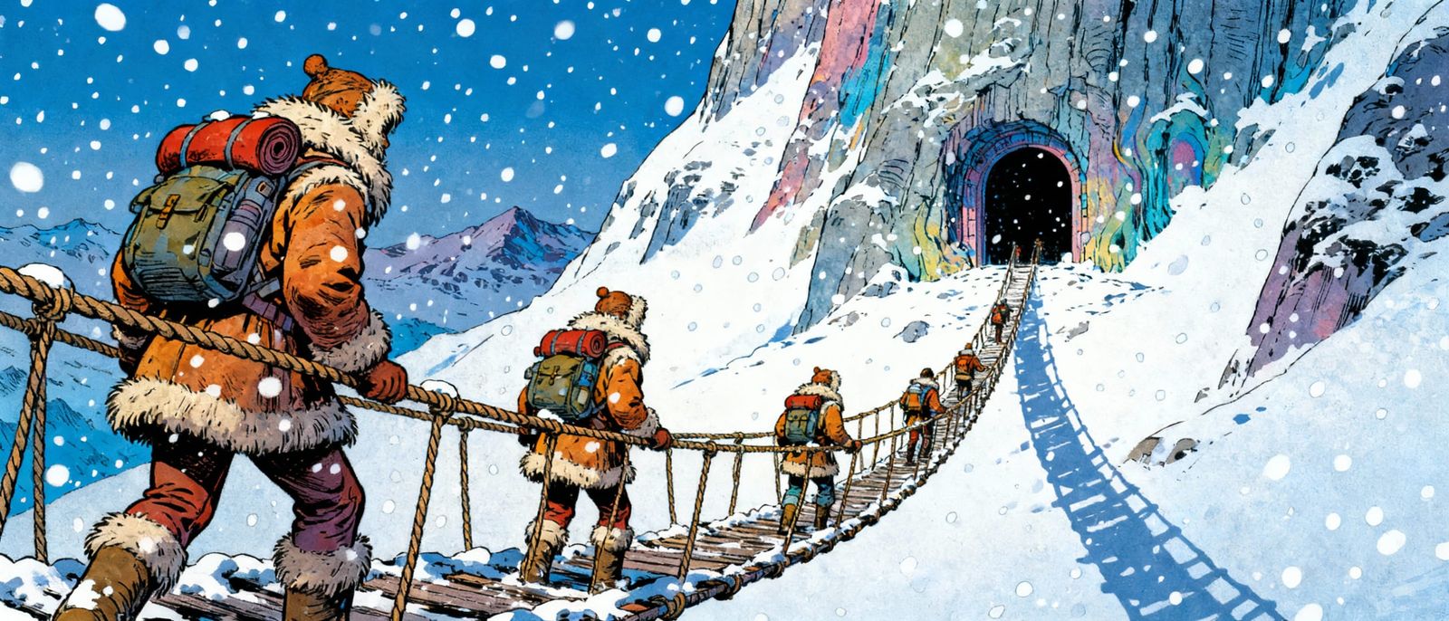 Adventurers Cross Rope Bridge in Snowy Mountain Storm, Moebi...