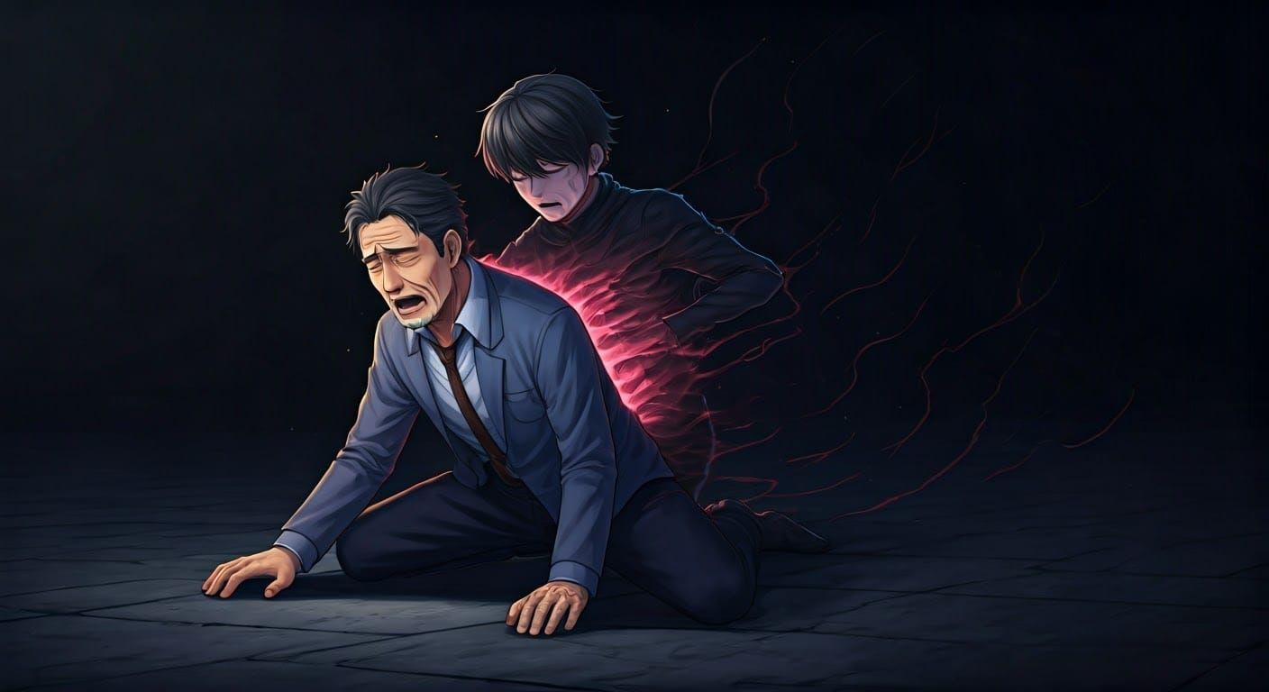Man in Agony with Shadow Figure, Anime Style