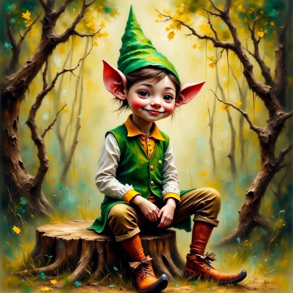 Whimsical Keebler Elf in Vibrant Forest Scene