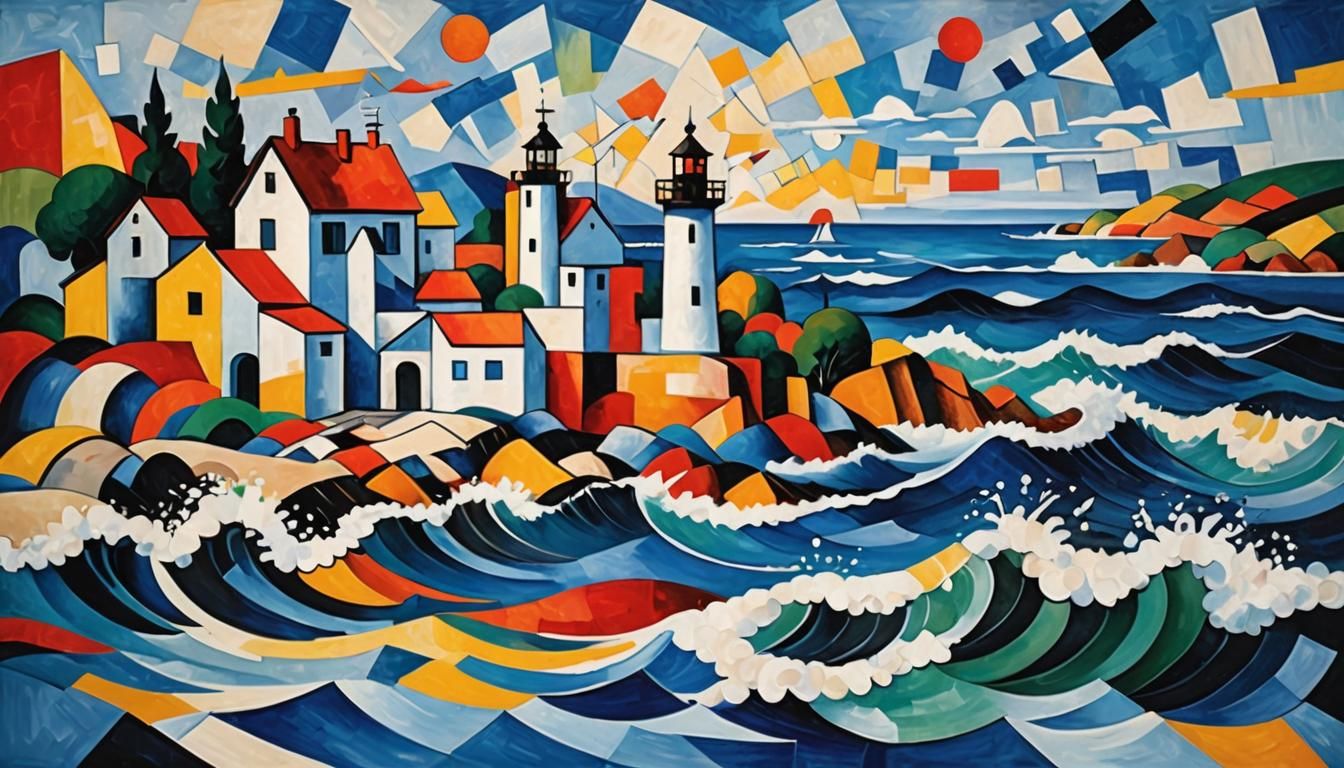 Cubist Seascape with Waves and Geometric Forms
