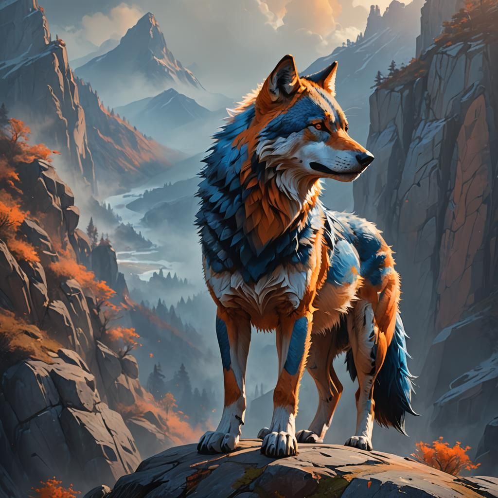 Majestic Painted Wolf on Mountain Cliff