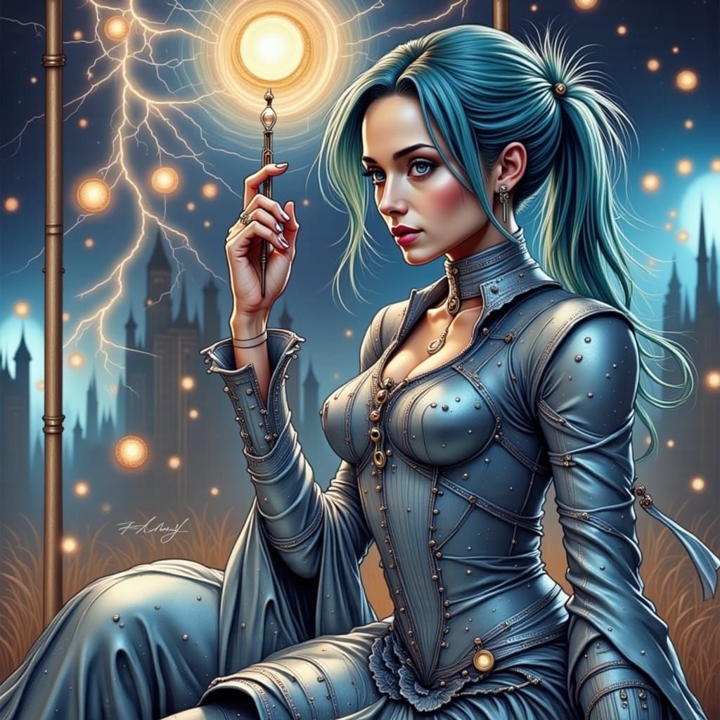 Metallic-Eyed Figure Shimmers Under Electric Lights