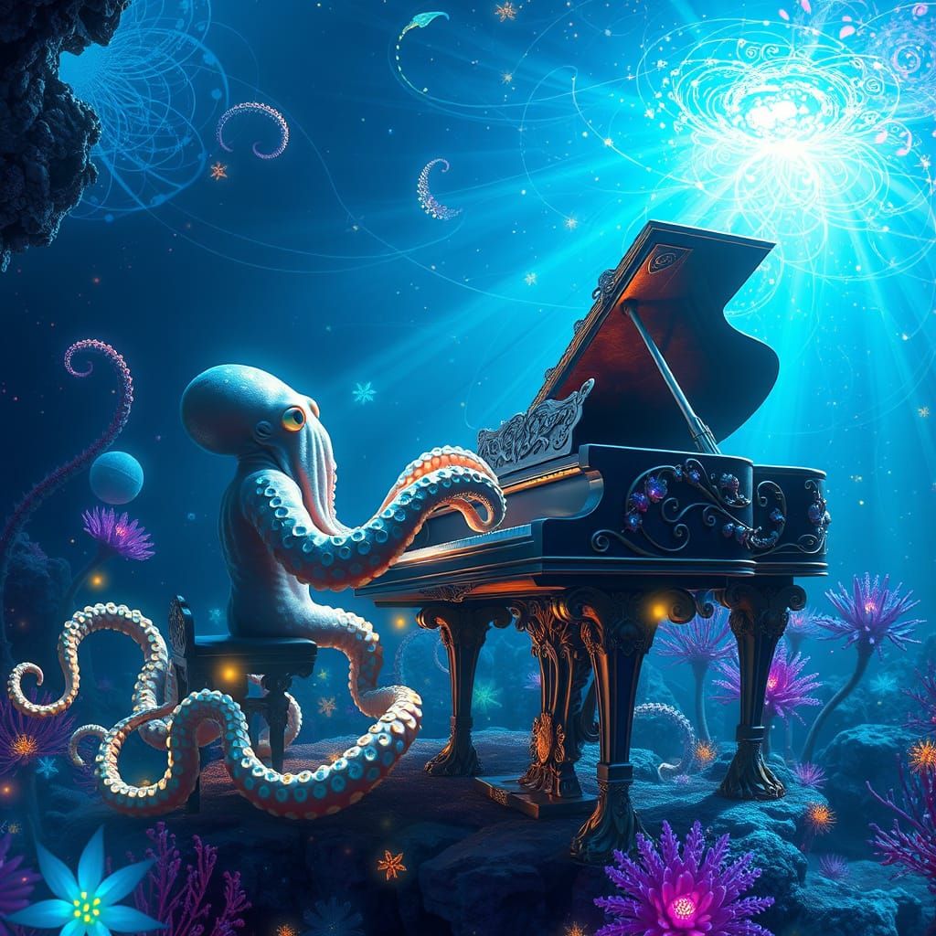 Mystical Octopus Plays Piano in Underwater Realm