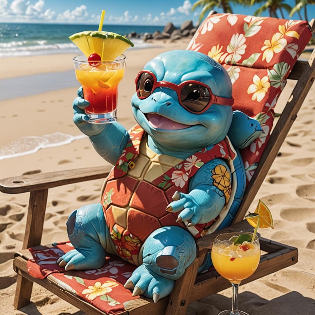 Squirtle Lounging on a Sunny Beach with Cocktail