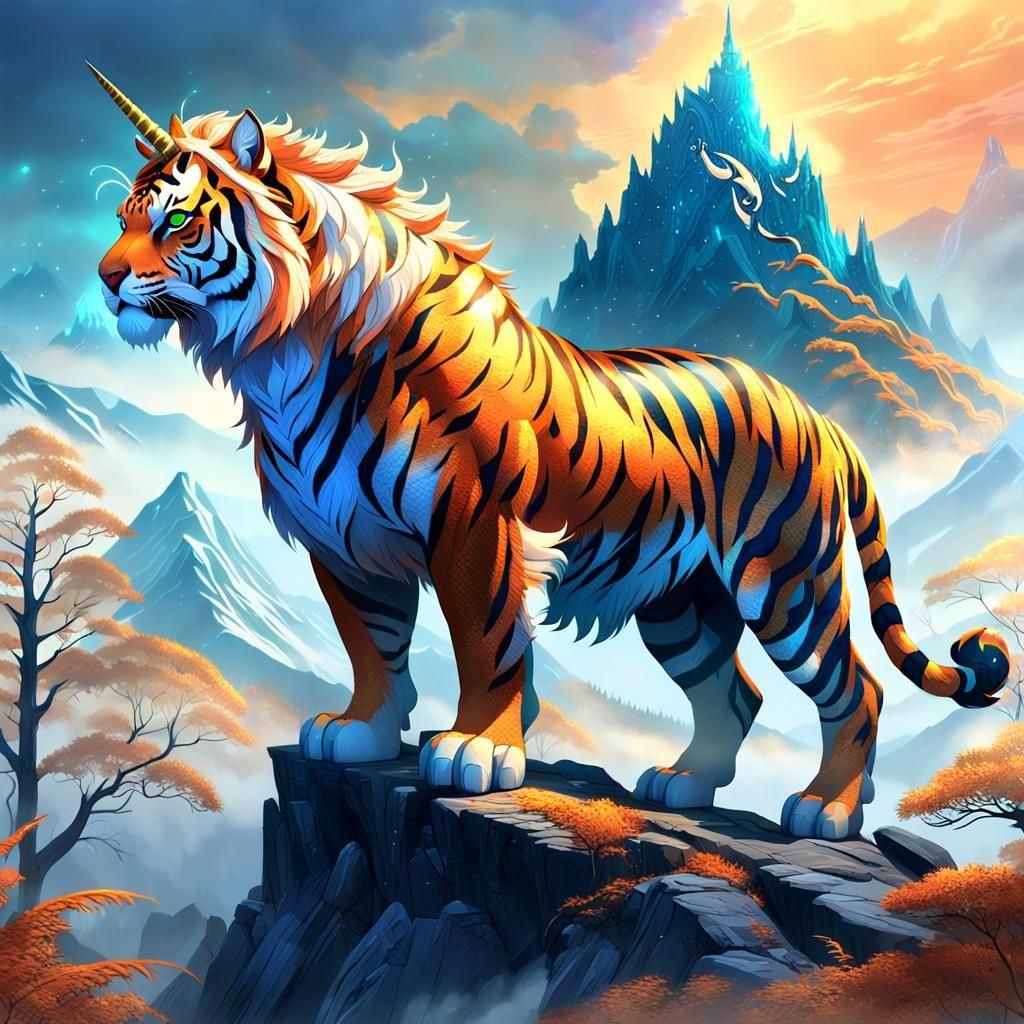 Fantastical Tiger-Unicorn Hybrid in Detailed Digital Paintin...