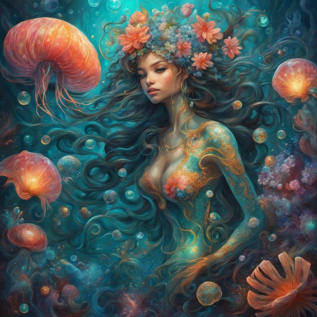 Luminescent Mermaid in a Detailed Chiaroscuro Painting