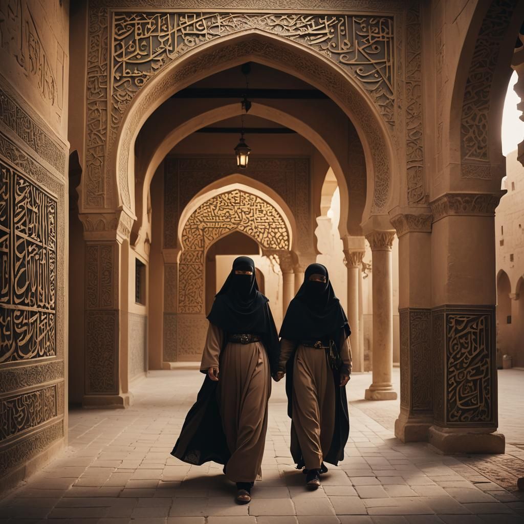 Muslim Woman in Niqab Walking Through Ancient Courtyard