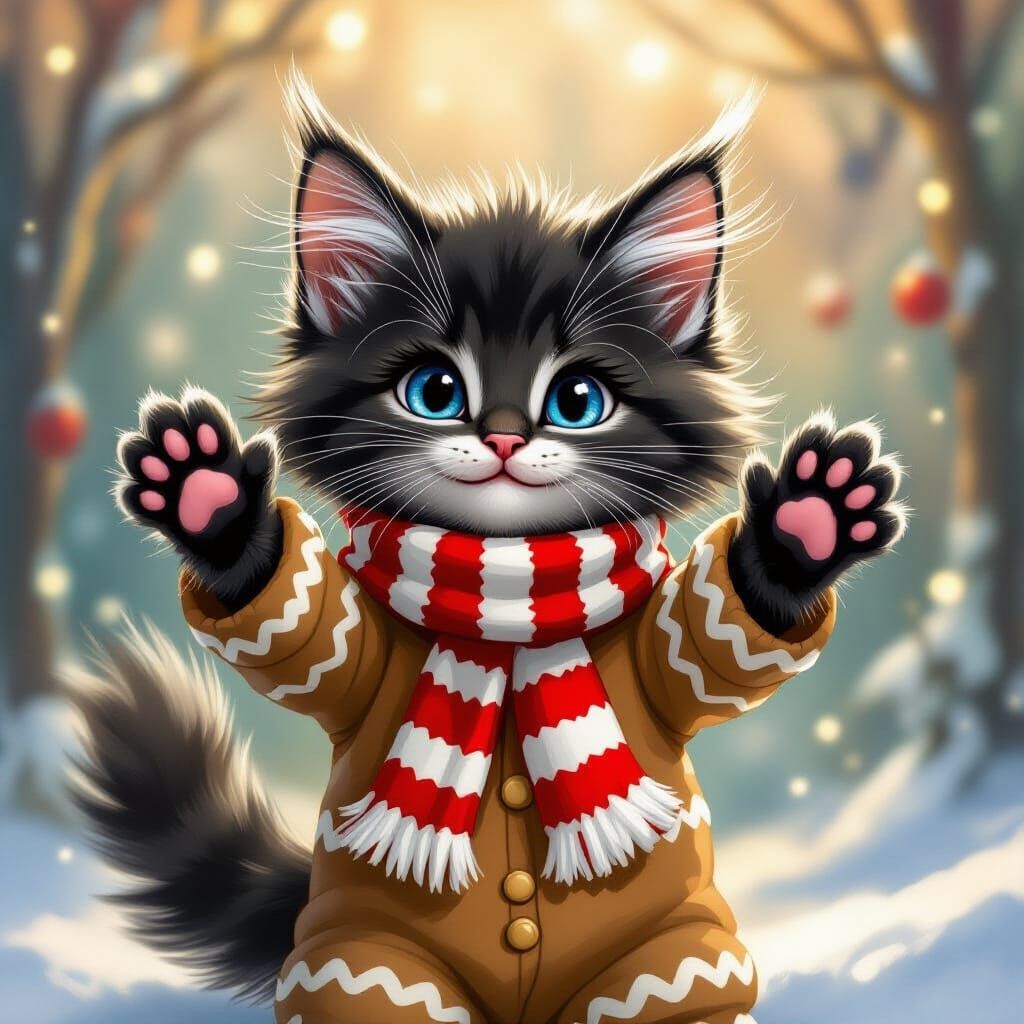 Whimsical Maine Coon Kitten in Gingerbread Pajamas