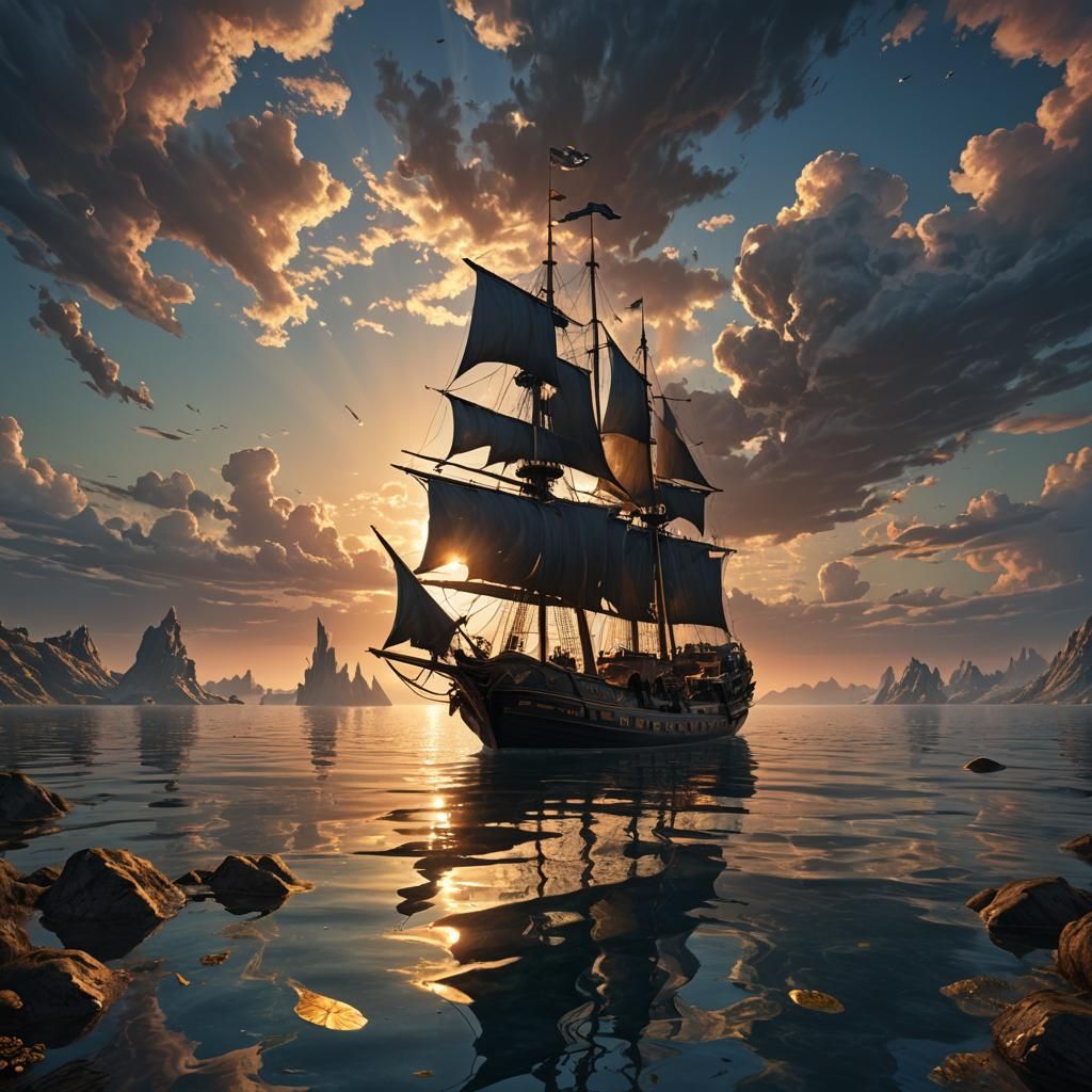 Sunset Sailboat on Mirrored Surreal Lake