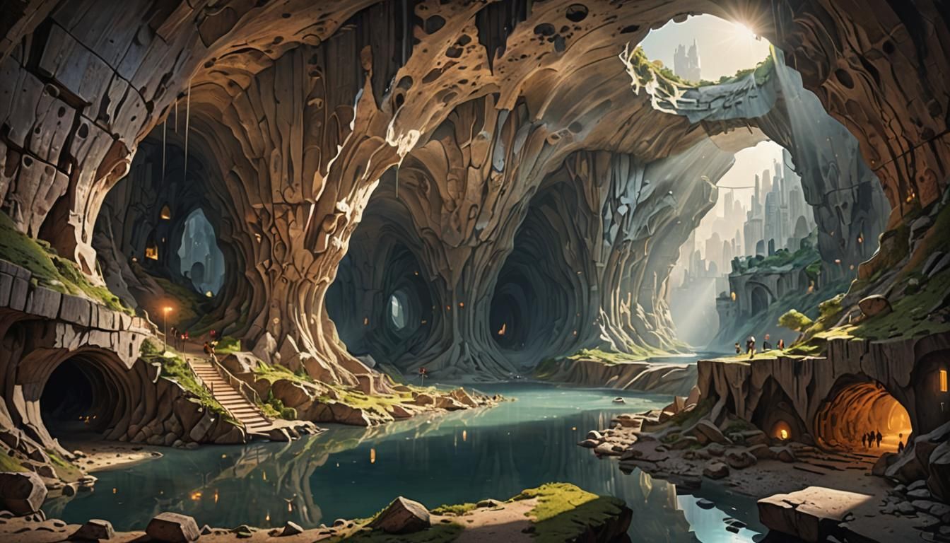 Surreal Underground Cavern City Bathed in Sunlight