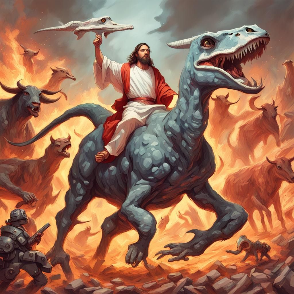 Mechanical Jesus Rides Velociraptor in Hell