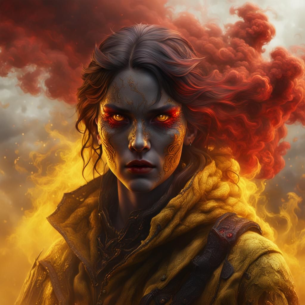 Woman with Red Eyes in Yellow Smoke