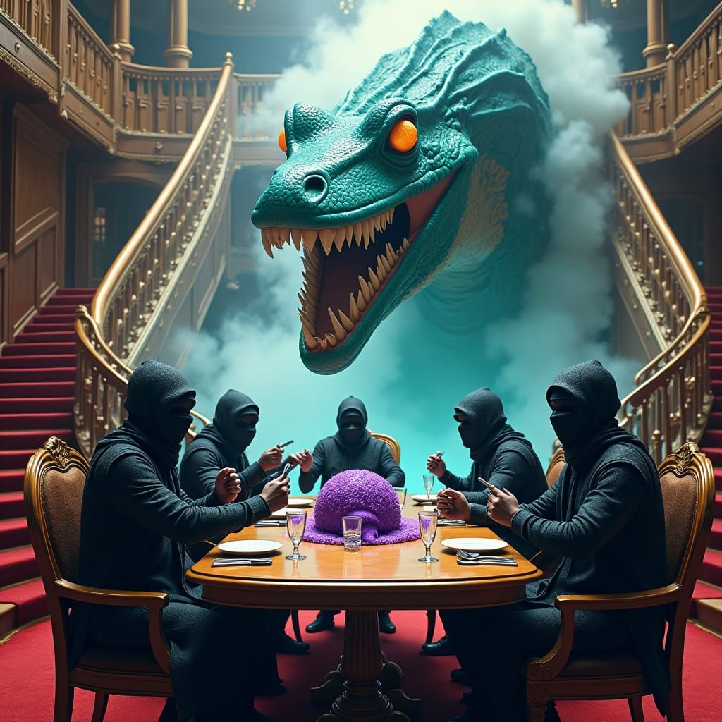 Ninjas vs Dinosaur on Titanic in Dreamlike Art