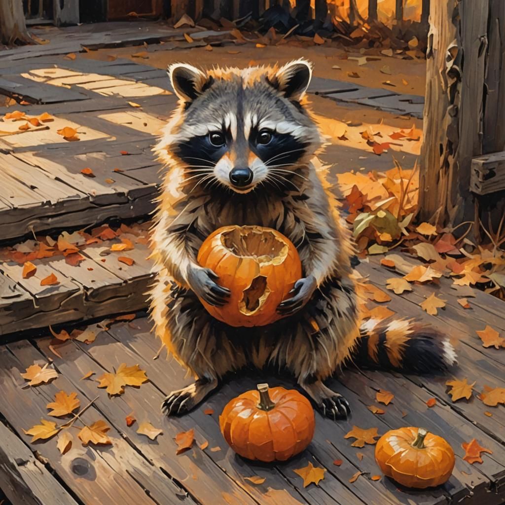 Raccoon Feast: An Impressionist Gouache Masterpiece