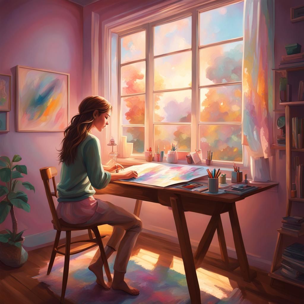 Girl Creating Art in Feminine Bedroom, Hyperrealistic