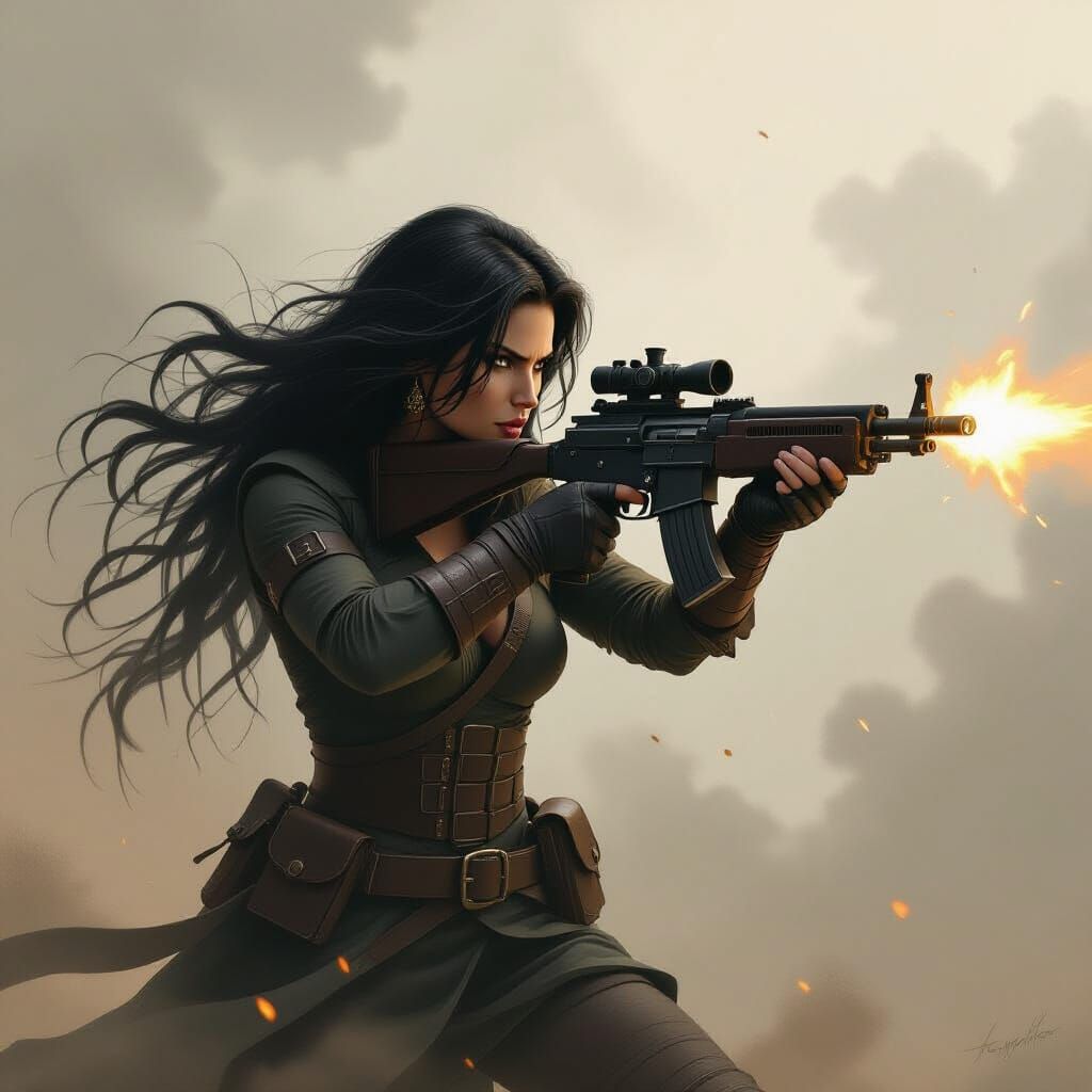 Dark Haired Woman Fires Machine Gun in Dramatic Lighting