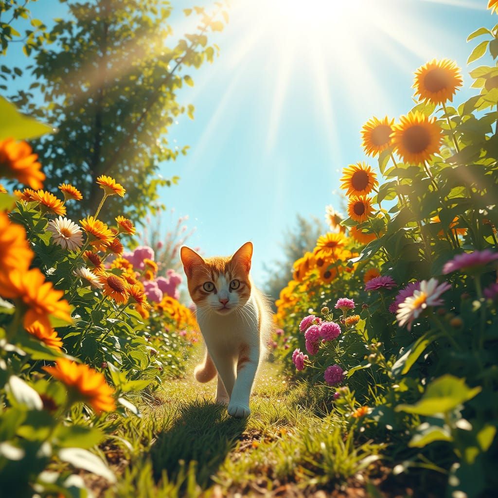 Surreal Wes Anderson-Inspired Cat Sneaks Through a Sunny Gar...