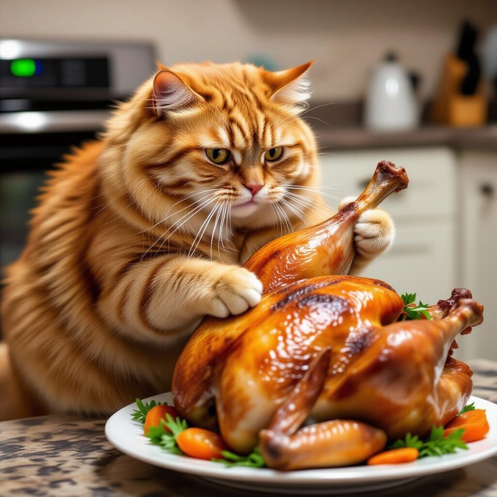 Fat Orange Cat Steals Turkey Leg from Roasted Bird