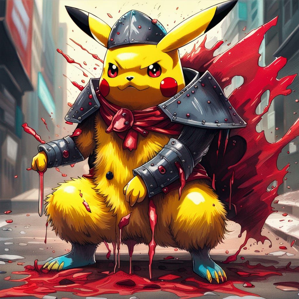 Pikachu dressed up as guts from berserk. splash art, street art, oil gouache melting, acrylic, high contrast, colorful p...