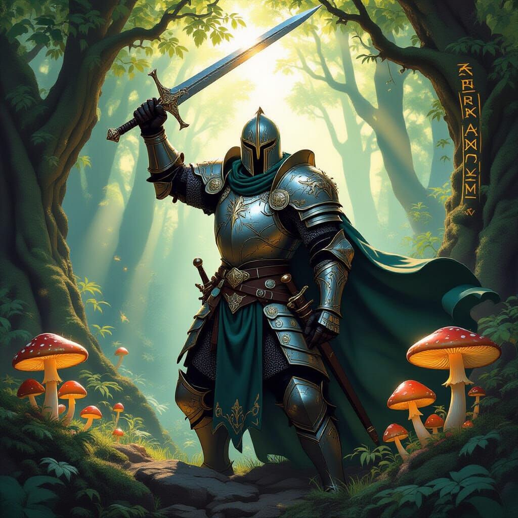 Knight in Mystical Forest with Glowing Mushrooms