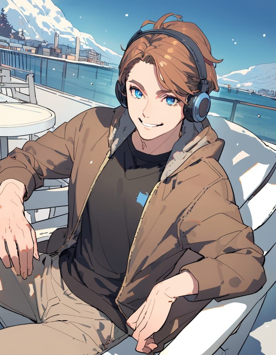 Surreal Morning Scene with Boy Relaxing by Harbour in Winter