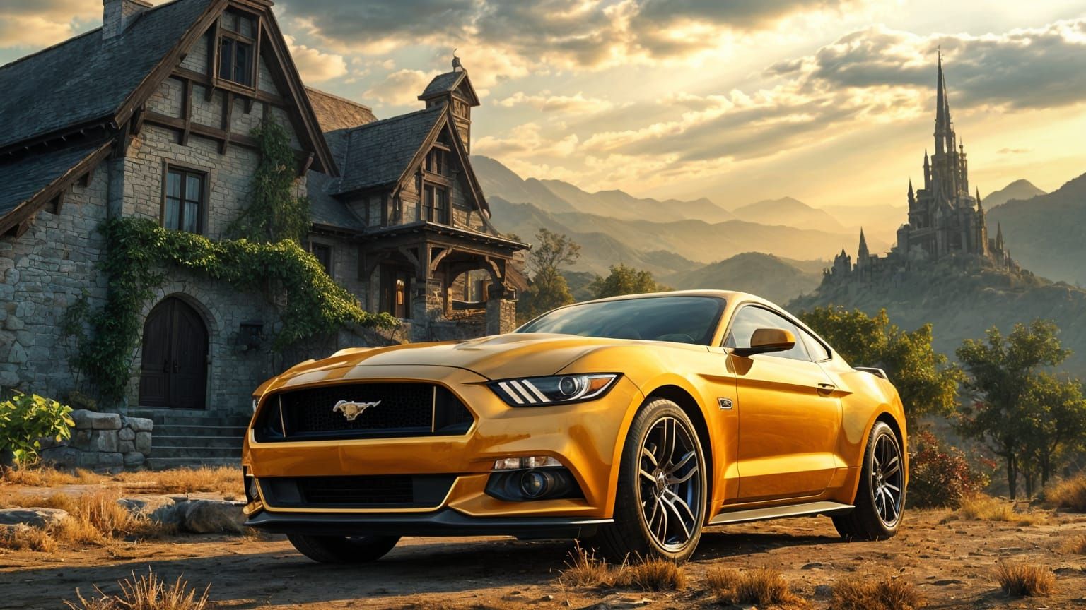 Fantastical Shiny Gold Mustang Parked in Front of an Ancient...
