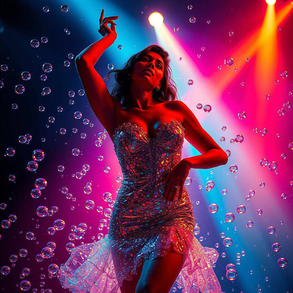 Neon Noir Burlesque Performer in Champagne Bubbles