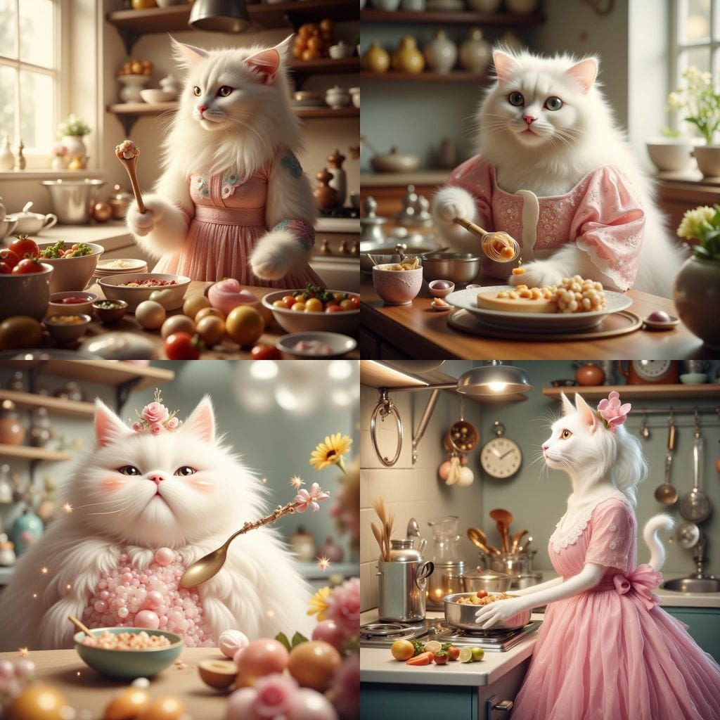 Fluffy White Cat Cooking in Dreamy Style