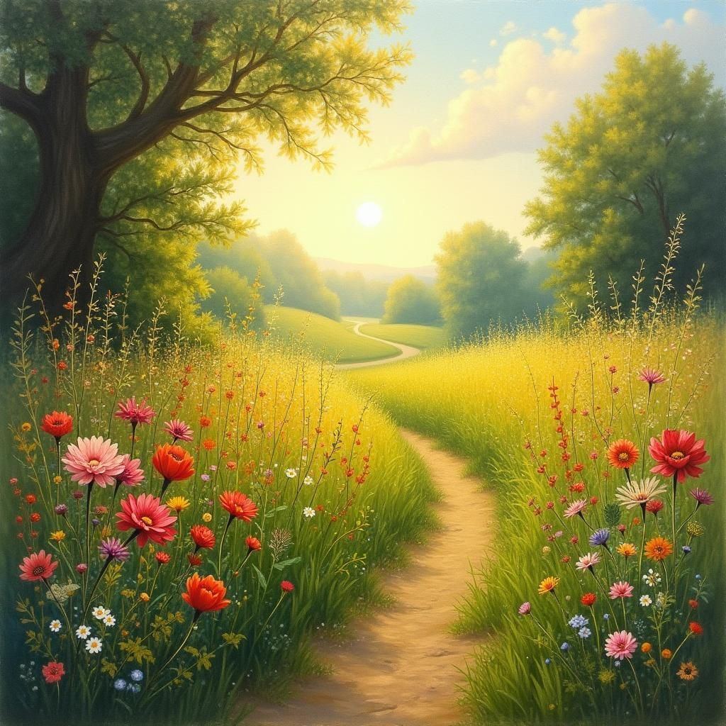 Impressionistic Landscape with Wildflowers in Golden Light