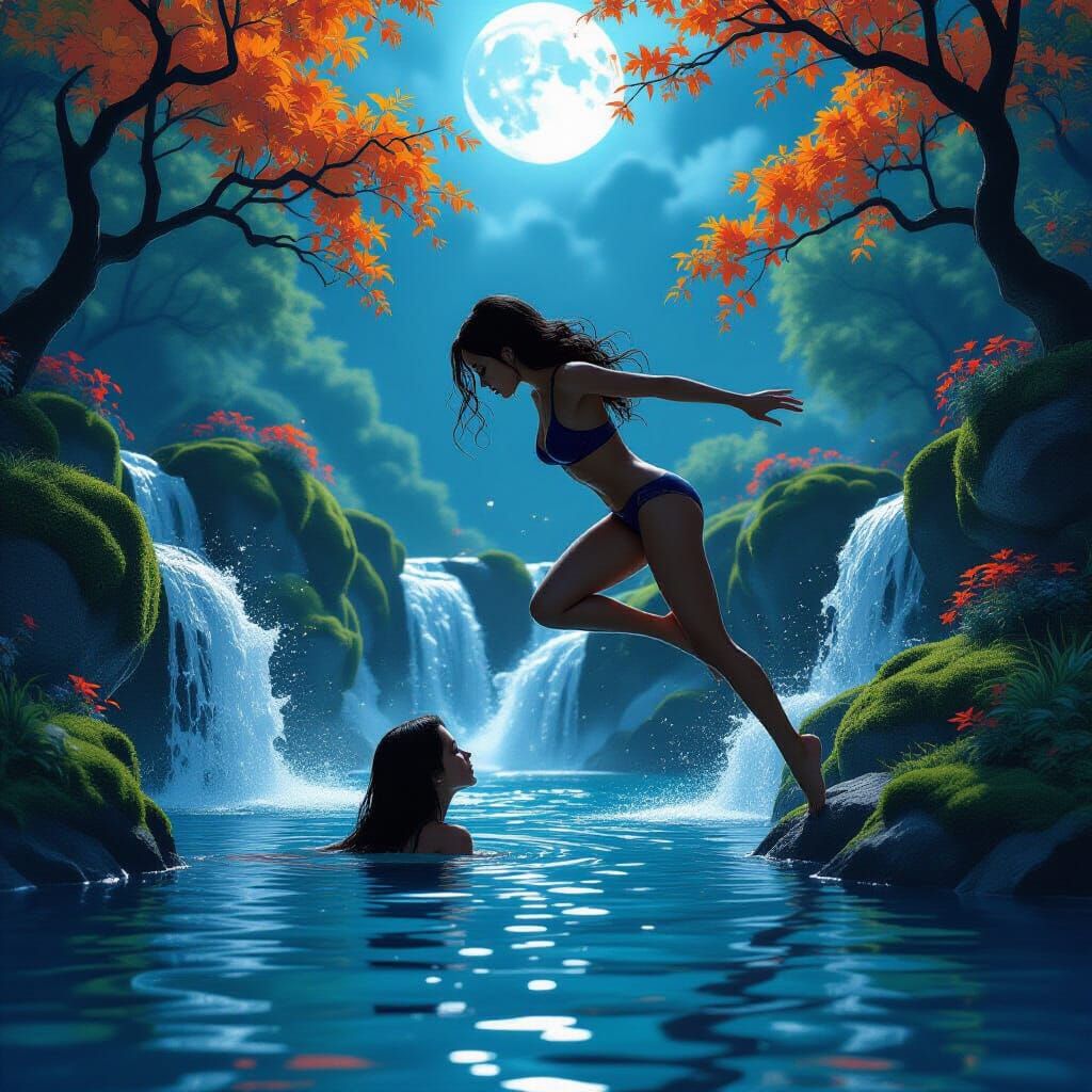 Girl Silhouetted Against Moonlit Waterfalls and Flowering Tr...