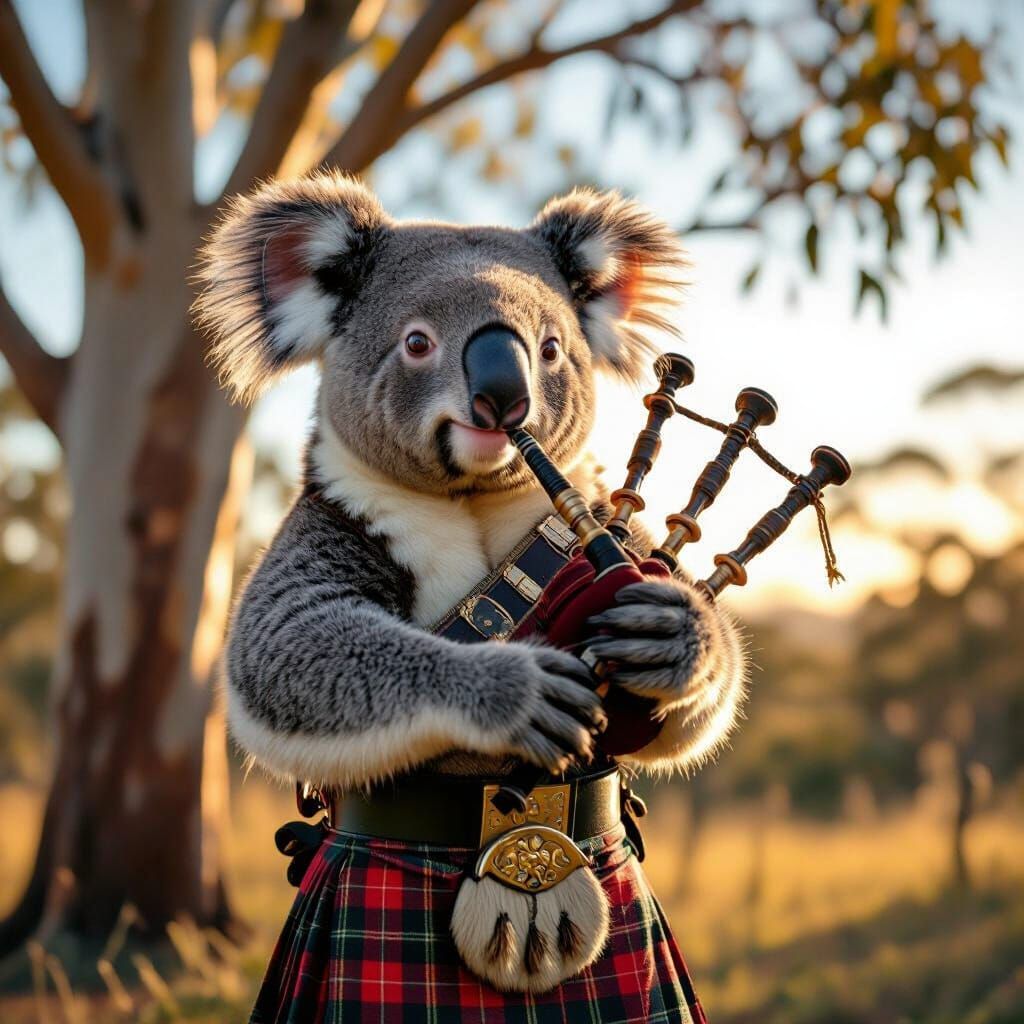Koala Musician in Kilt Playing Bagpipes Under Eucalyptus Tre...