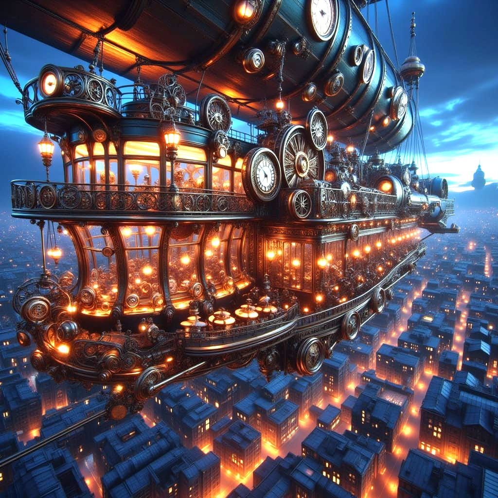 Steampunk Cafe Aboard a Dirigible at Twilight
