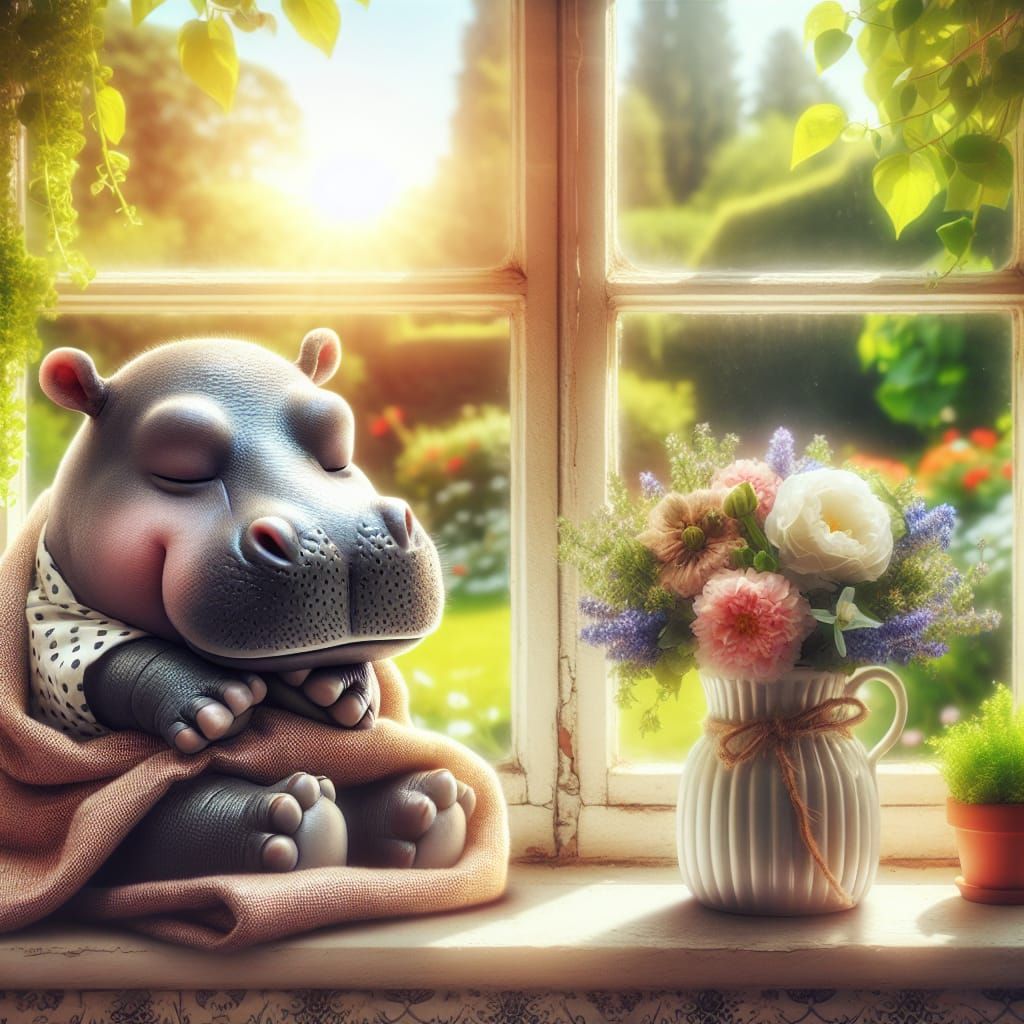 Adorable Hippo Snoozing on Windowsill with Flowers