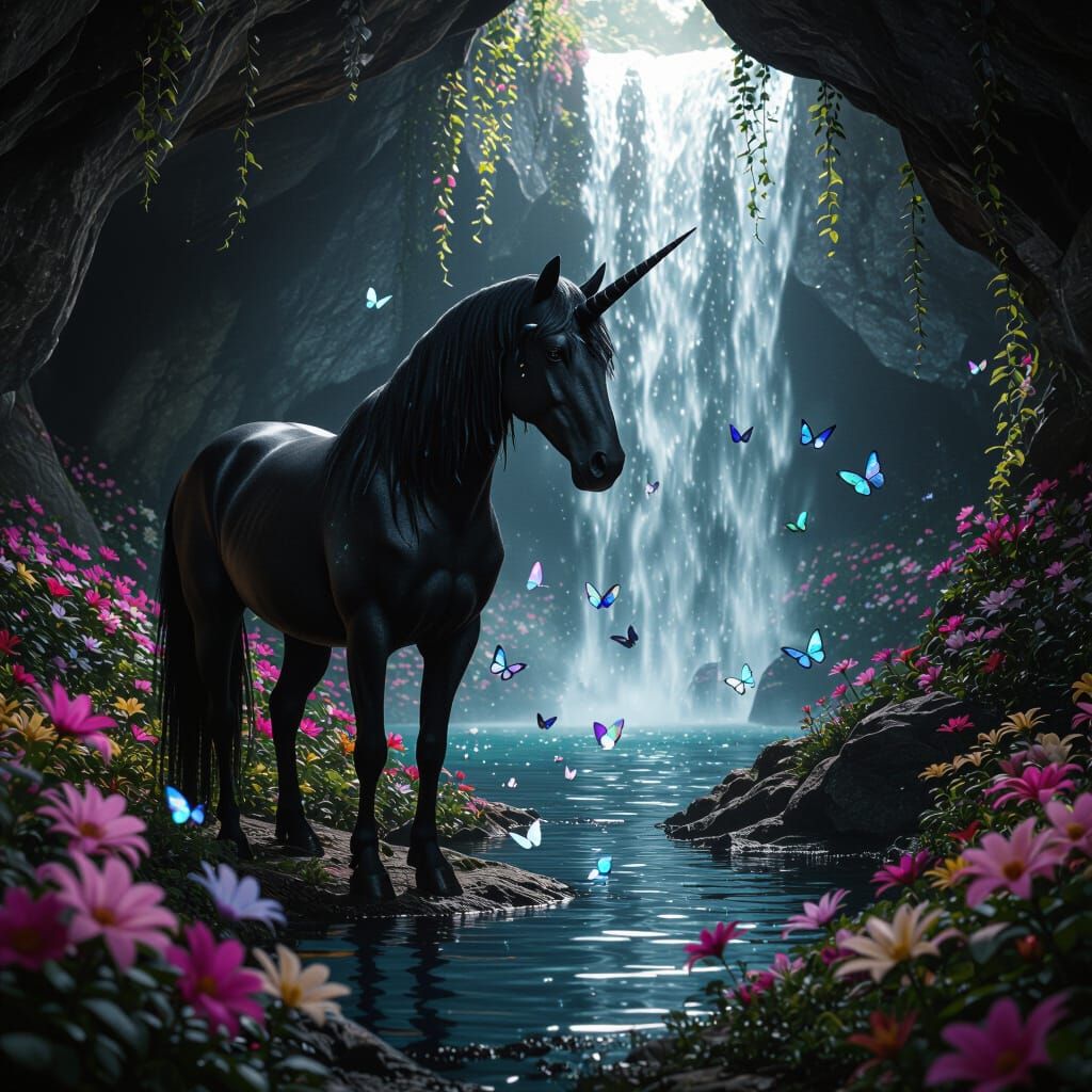 Dark Unicorn in Enchanted Flower Cave with Waterfall
