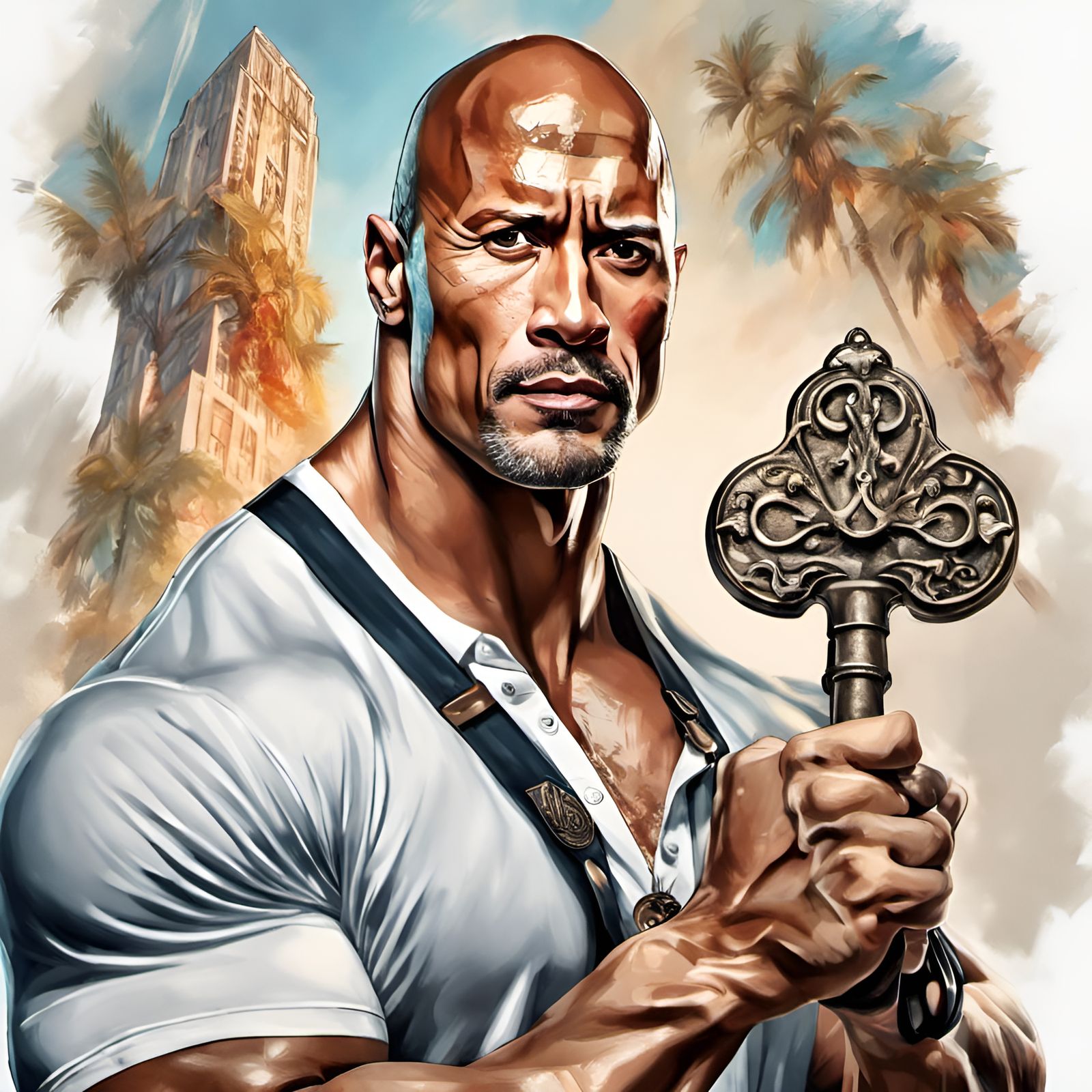 Dwayne Johnson Portrait Holding a Giant Key