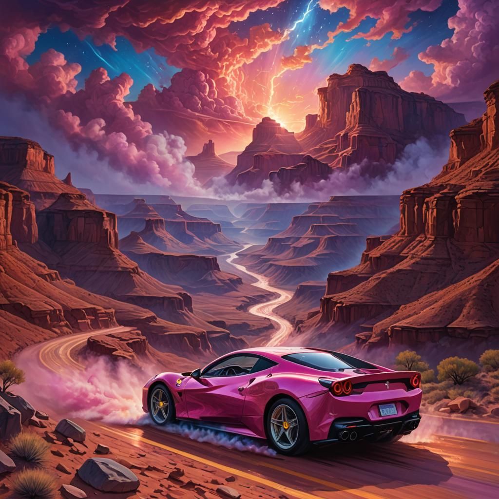 Pink Ferrari Speeds Through Grand Canyon: Cosmic Art