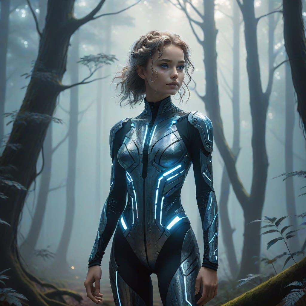 Futuristic Character in Misty Forest Digital Painting
