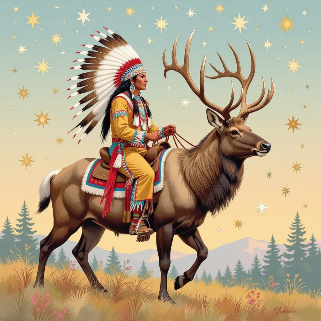 Native American on Stag in Pastel Watercolor