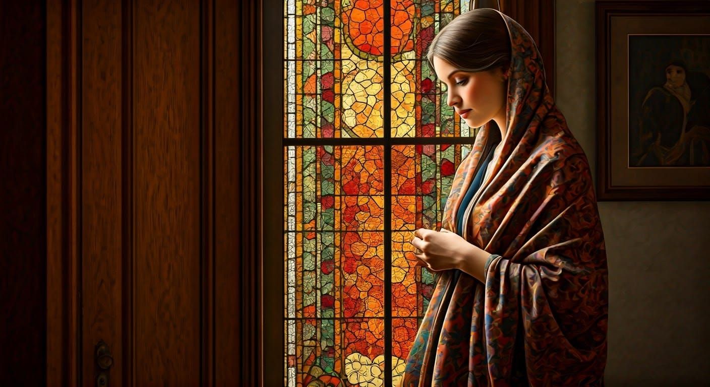 Ethereal Woman in Stained Glass Glow