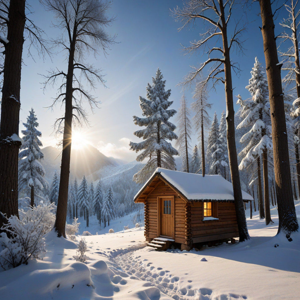 Rustic Cabin in a Snowy Forest with a Lone Window of Warmth