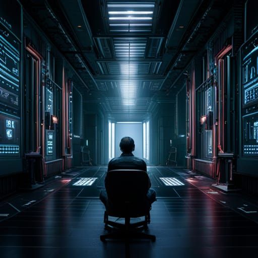 Cyberpunk Tech Room Scene with Person