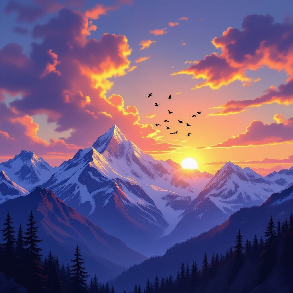 Majestic Sunrise Over Snow-Capped Mountains with Flying Bird...